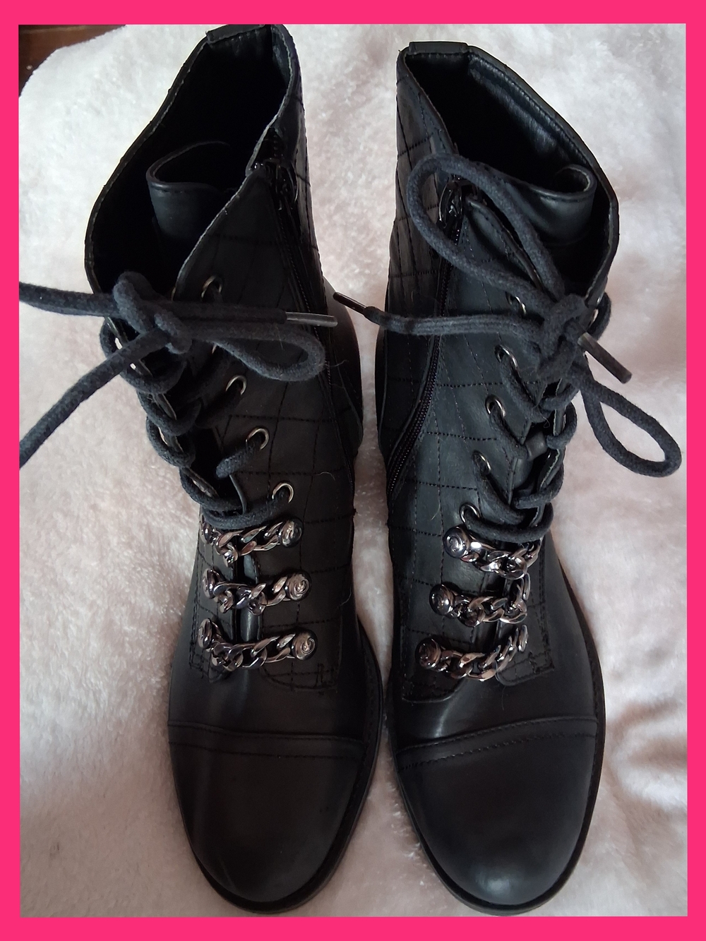 G by Guess Black Lace-Up Combat Boots with Chain Accents
